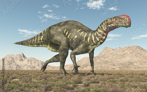 Dinosaurier Altirhinus in einer Landschaft © Michael Rosskothen