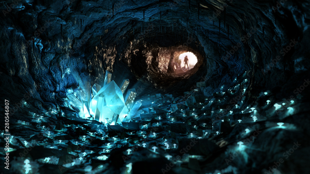 Mysterious blue crystal cave, stimulating adventure concept - obrazy, fototapety, plakaty 