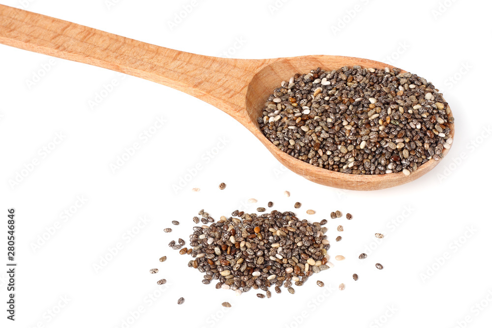 Chia seeds in wooden spoon isolated on white background Chia seeds in wooden spoon isolated on white background