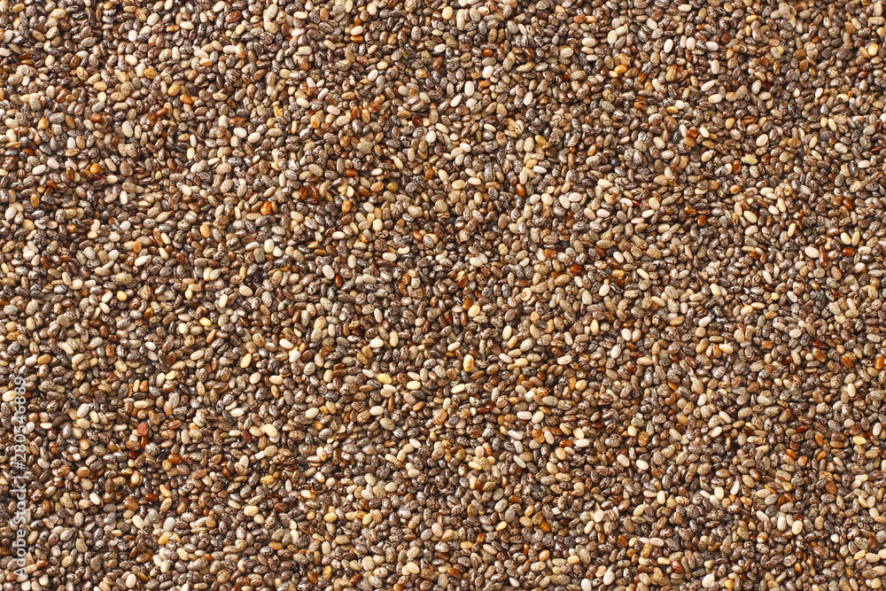 Fototapeta premium Chia seeds background. Chia seeds texture. Top view.