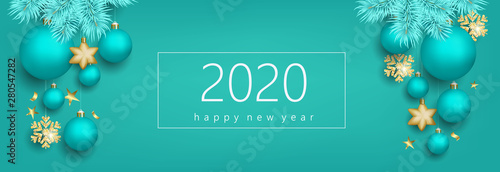 Christmas greeting card with balls on turquoise background