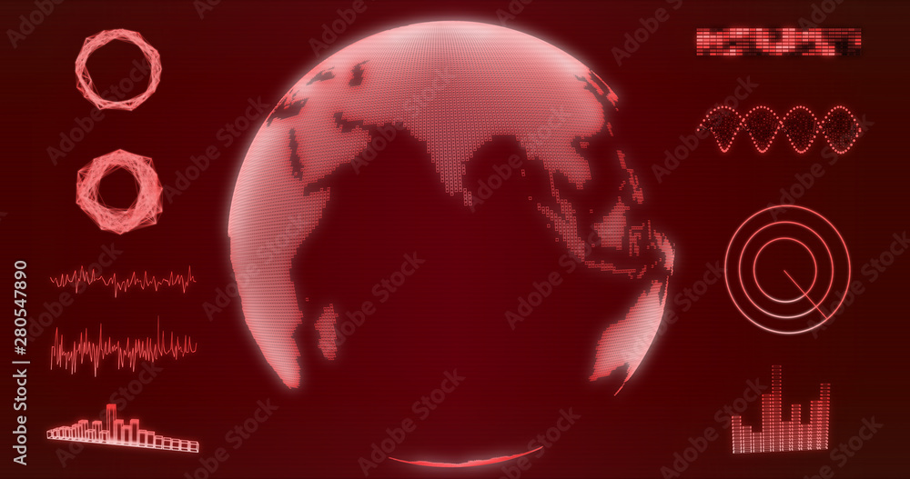 Abstract wireframe Earth globe hologram with India map on red background 3d rendering. HUD elements, x-ray, digital data and radar set for futuristic Sci-Fi interface