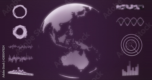 Abstract wireframe Earth globe hologram with Australia and Oceania map on purple background 3d rendering. HUD elements  x-ray  digital data and radar set for futuristic Sci-Fi interface