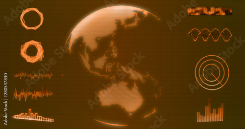 Abstract wireframe Earth globe hologram with Australia and Oceania map on orange background 3d rendering. HUD elements, x-ray, digital data and radar set for futuristic Sci-Fi interface