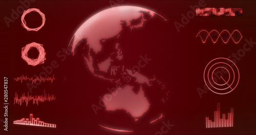 Abstract wireframe Earth globe hologram with Australia and Oceania map on red background 3d rendering. HUD elements, x-ray, digital data and radar set for futuristic Sci-Fi interface