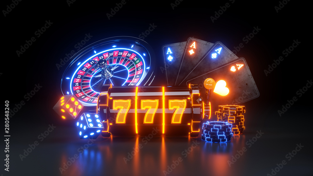 Casino Futuristic Concept Design Roulette Wheel and Slot Machine - 3D Illustration