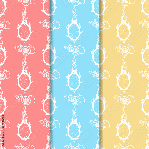 passion fruit, pitahaya tropical fruit seamless pattern