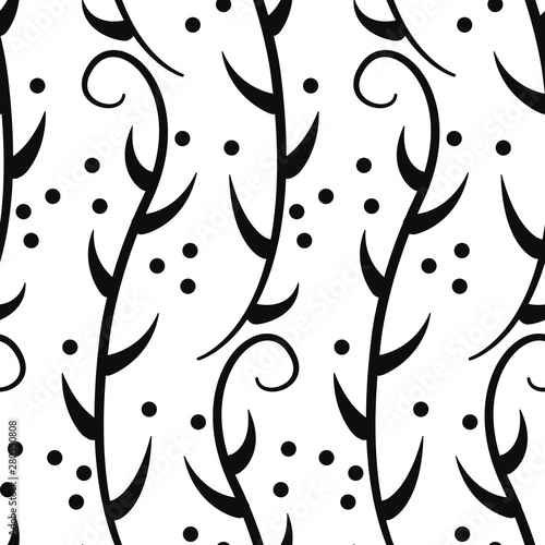 Floral seamless pattern with vertical branches. Black and white vector design. Isolated on white.