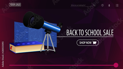 Back to school sale and discount week, purple discount banner with polygonal texture, telescope, map of the constellations and the encyclopedia of astronomy