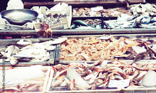 Fresh seafood and fish for sale in the fish market Pescheria of Catania, Sicily, Italy.