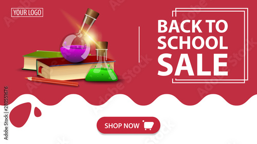 Back to school sale, red banner with books and chemical flasks