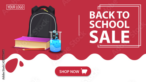 Back to school sale, red banner with school backpack, a book and a chemical flask