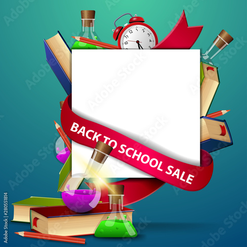 Back to school sale, web banner template with books and chemical flasks