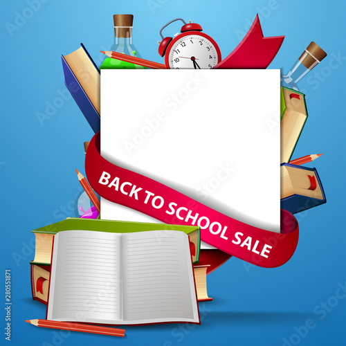 Back to school sale, web banner template with school textbooks and notebook