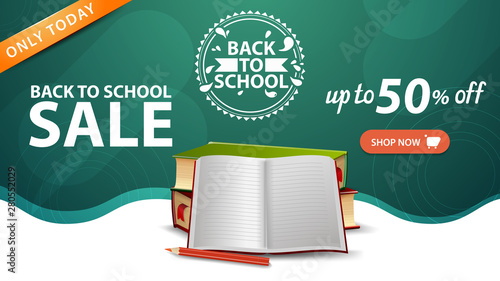 Back to school sale, green web banner template with button, school textbooks and notebook