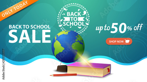 Back to school sale, green web banner template with button, globe and school textbooks