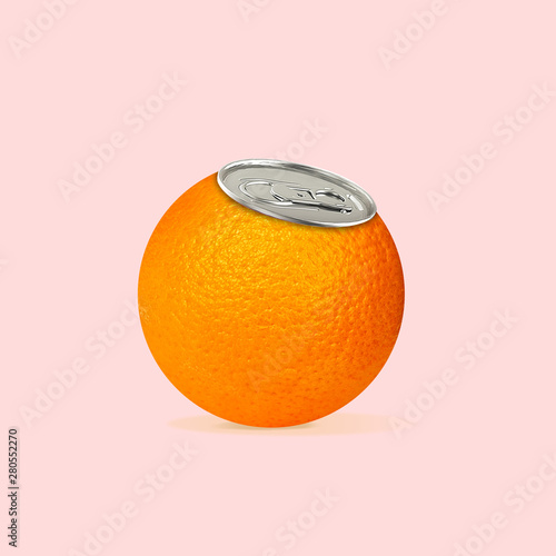 Fresh and natural drink, full of vitamins. An orange as a can on trendy coral background. Negative space to insert your text. Modern design. Contemporary art. Creative conceptual and colorful collage. photo