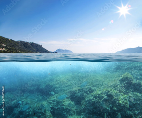 Underwater seashore with rocks, sand and green island with sunlight.