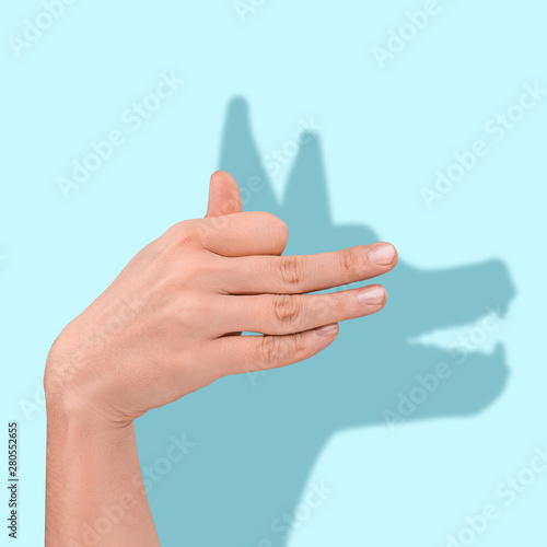 Expectation and reality. Shadow of the dog behind of the human hand on blue background. Negative space to insert your text. Modern design. Contemporary art. Creative conceptual and colorful collage.