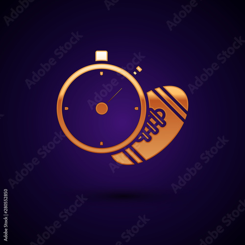 Gold American Football ball and stopwatch icon isolated on dark blue background. Set of sport equipment. Vector Illustration