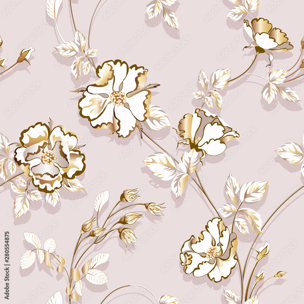 Bouquet of beautiful golden rose flowers and butterfly on cream background, seamless pattern.