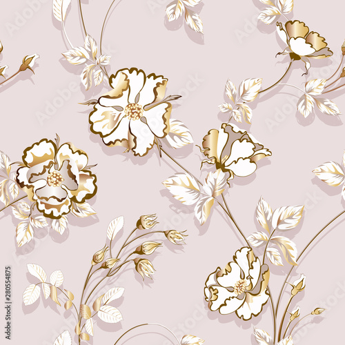 Bouquet of beautiful golden rose flowers and butterfly on cream background  seamless pattern.