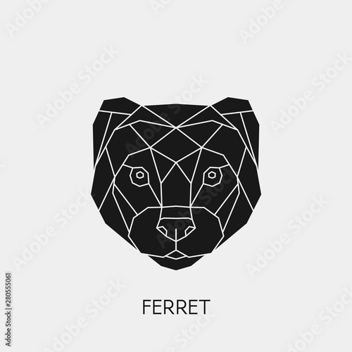 Geometric head ferret. Polygonal animal. Black silhouette. Vector illustration.	
