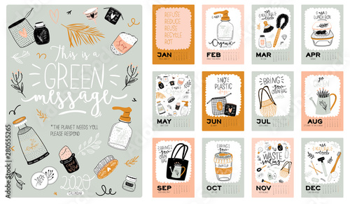 Cute Zero Waste 2020 Calendar. Yearly Planner Calendar with all Months. Good Organizer and Schedule. Bright colorful illustration with motivational quotes. Vector background