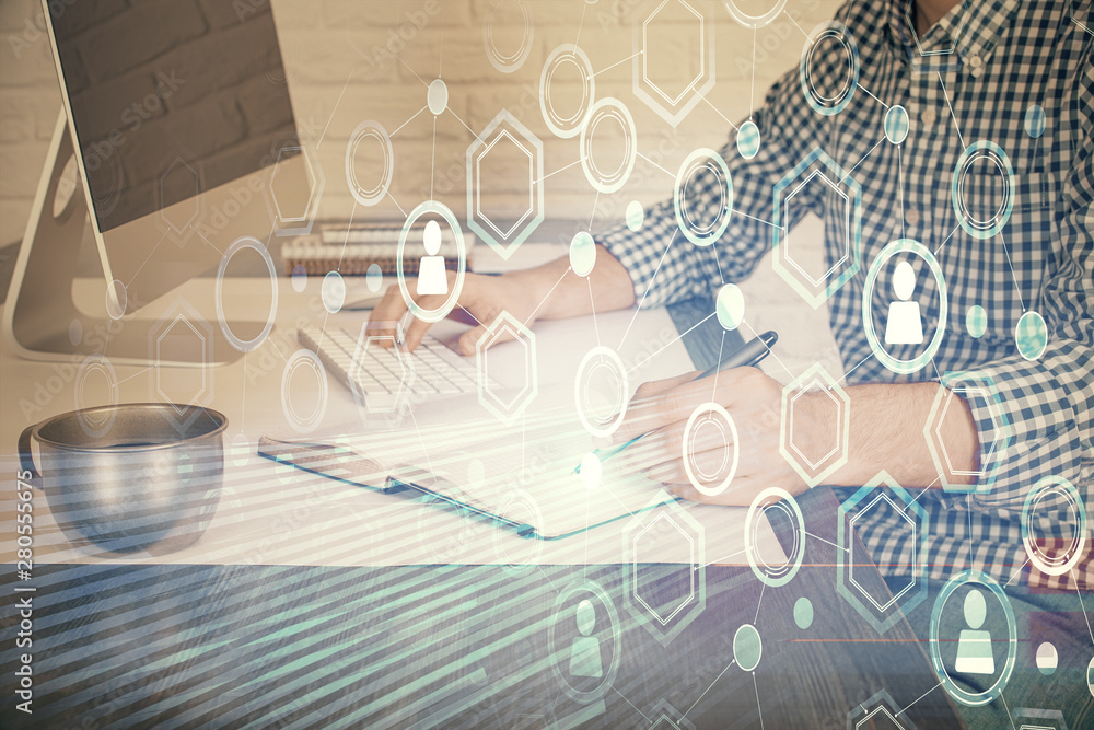 Social network theme hologram with businessman working on computer on background. Concept of world wide web. Double exposure. Social network theme hologram with businessman working on computer on background. Concept of world wide web. Double exposure.