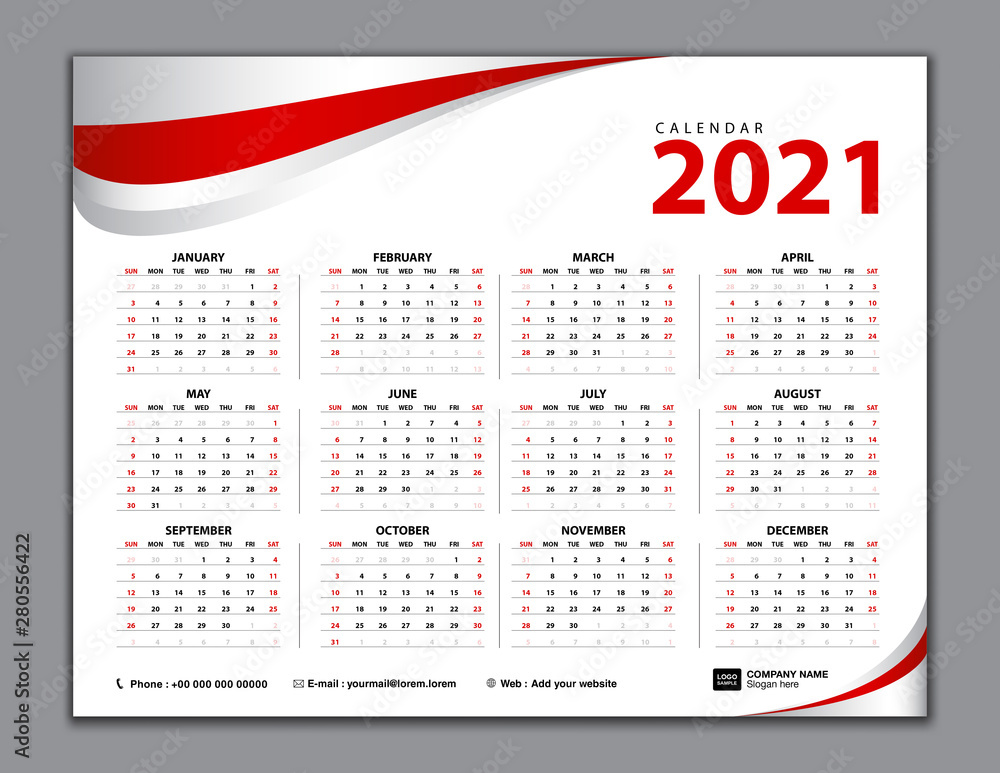 Calendar 21 Simple Calendar Desk Week Starts From Sunday Set Of 12 Months Vector Template Red Abstract Background Stock Vector Adobe Stock