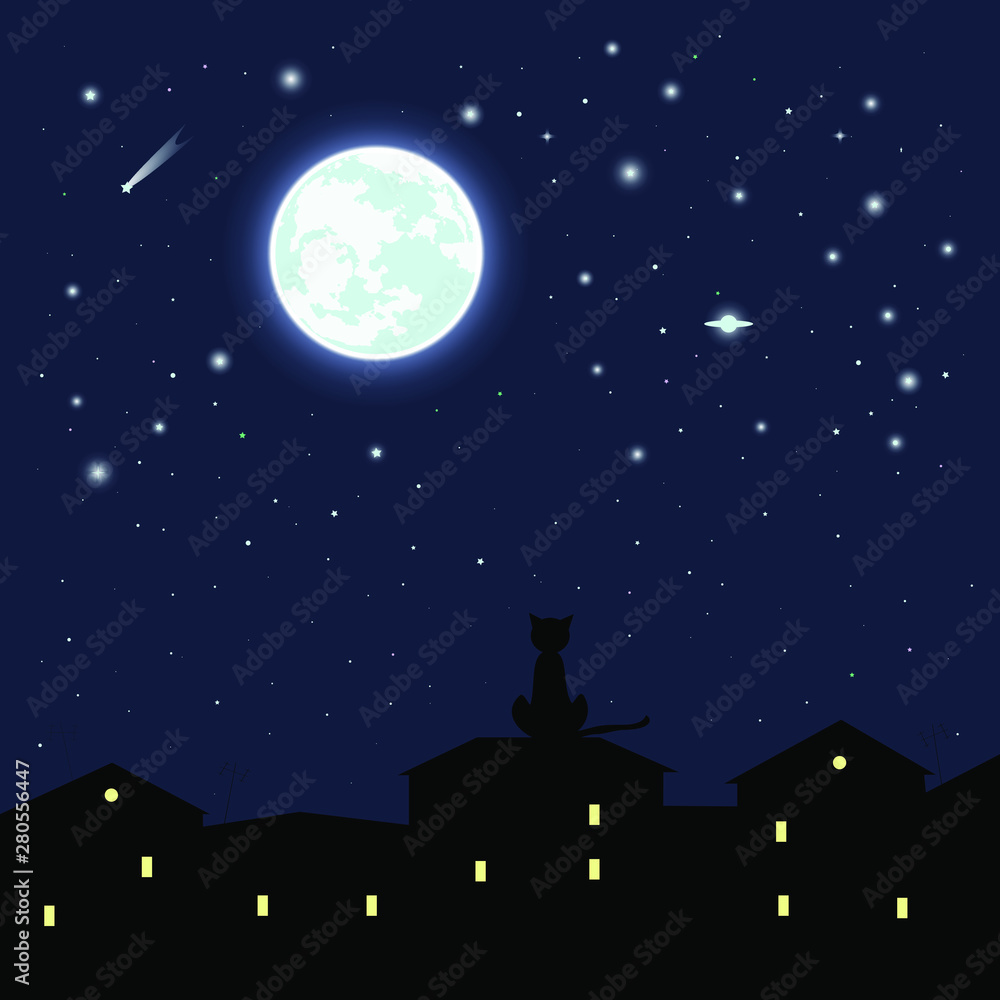 vector full moon. glowing halo. comets and planets. starry sky. roofs of houses. cat on the roof. can be used as a background, postcard, pattern on clothes, scrapbooking, book illustration