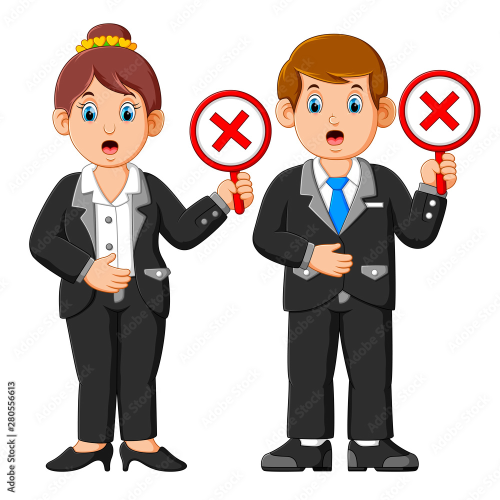 Business people showing reject cross mark sign placards Business people showing reject cross mark sign placards