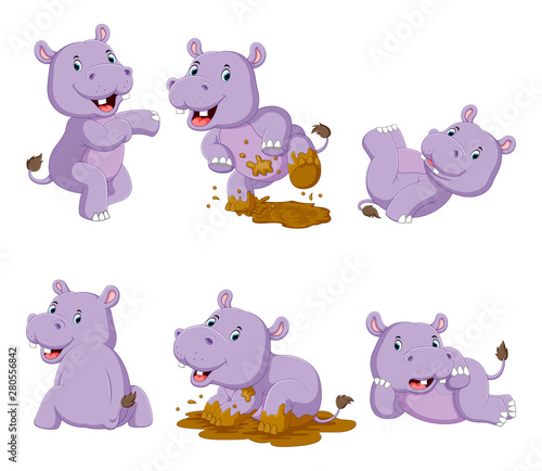 Collection of happy hippo with various posing