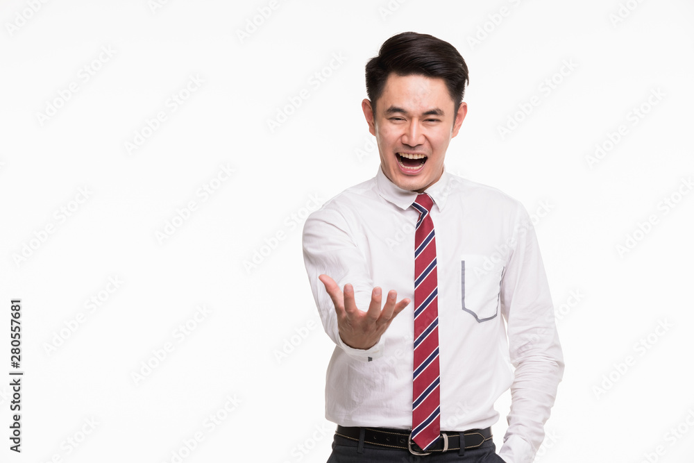 Asian businessman standing and point his hands.. Asian businessman standing and point his hands..
