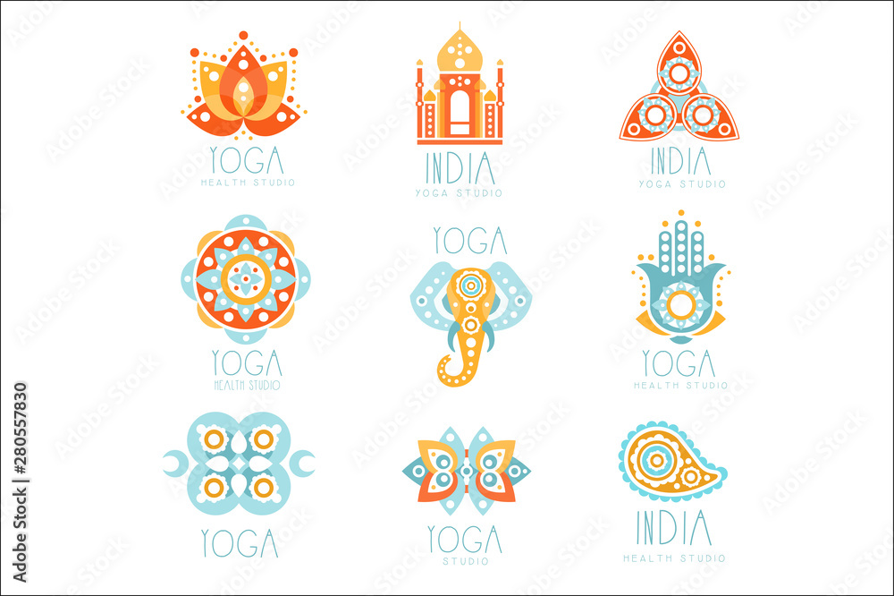 Indian Yoga Studio Set Of Colorful Promo Sign Design Templates With Mandalas And Stylized Famous Spiritual Indian Symbols