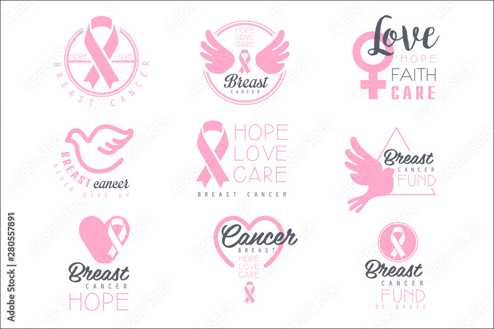 Breast Cancer Fund Set Of Colorful Promo Sign Design Templates In Pink Color With International Cancer Sickness Symbols And Motivating Slogans