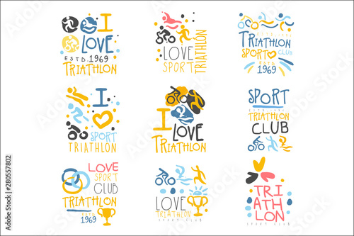 Triathlon Supporters And Fans Club For People That Love Sport Set Of Colorful Promo Sign Design Templates