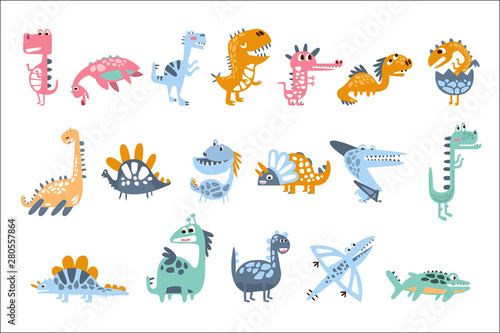 Funky Stylized Dinosaurs Real Species And Imaginary Jurassic Reptiles Set Of Colorful Childish Prints