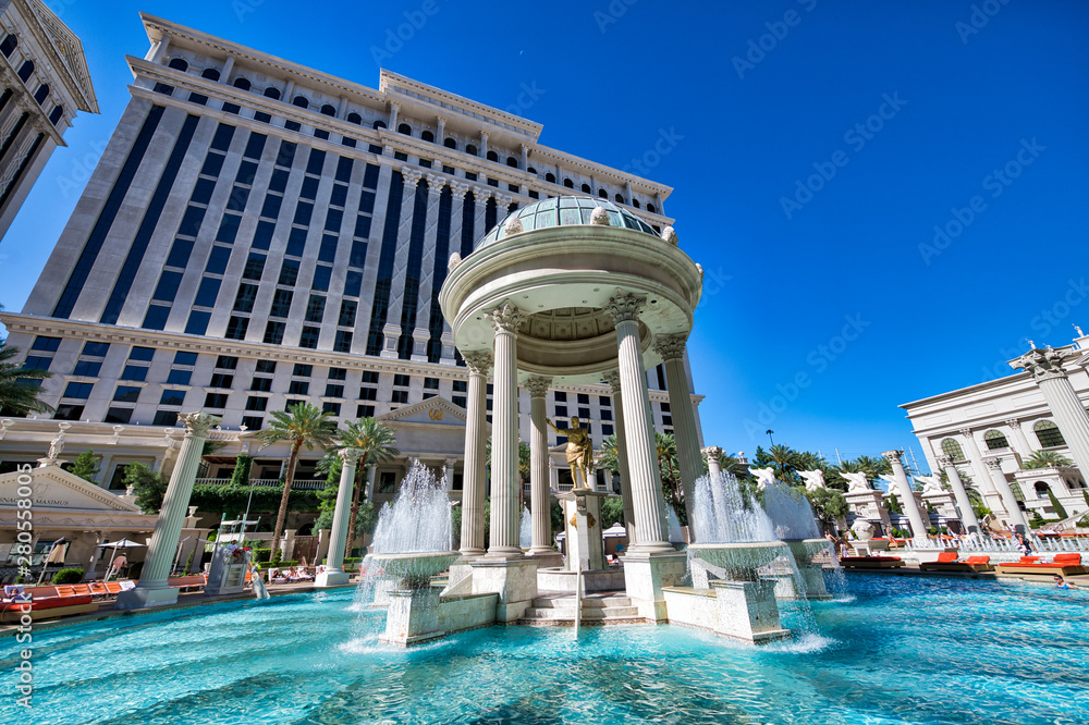 LAS VEGAS, NV - JUNE 27, 2019: Caesars Palace Hotel Casino. This is a major attraction in the city - obrazy, fototapety, plakaty 
