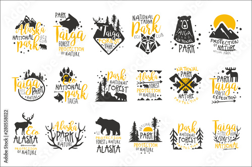 Alaska National Park Promo Signs Series Of Colorful Vector Design Templates With Wilderness Elements Silhouettes