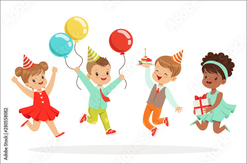 Little Children Birthday Celebration Party With Festive Attributes And Adorable Kids Set Of Characters