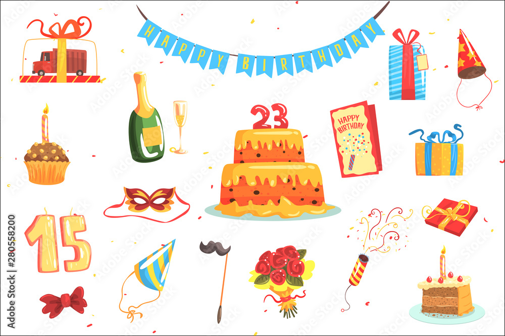 Happy Birthday Party Set Of Isolated Cute Cartoon Objects Related To Partying And Celebrating Happy Birthday Party Set Of Isolated Cute Cartoon Objects Related To Partying And Celebrating