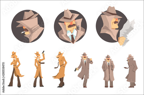 Police Detective And Private Investigator At Work Investigating And Solving Crimes Set Of Undercover Portraits