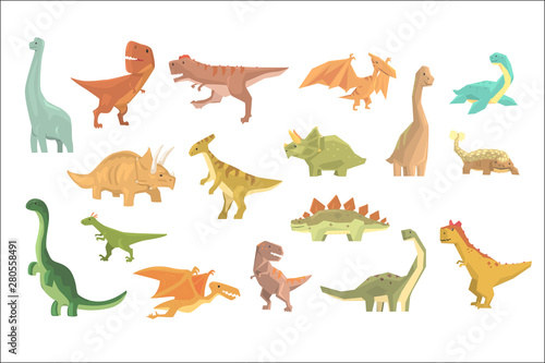 Dinosaurs Of Jurassic Period Set Of Prehistoric Extinct Giant Reptiles Cartoon Realistic Animals.