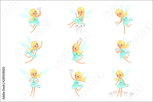 Tooth Fairy, Blond Little Girl In Blue Dress With Wings And Baby Teeth Set Of Cute Girly Cartoon Fantastic Fairy-Tale Creature