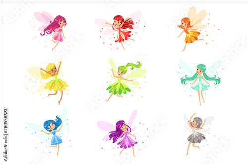 Colorful Rainbow Set Of Cute Girly Fairies With Winds And Long Hair Dancing Surrounded By Sparks And Stars In Pretty Dresses