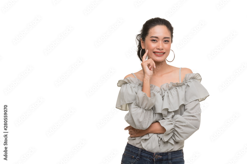 Beautiful Asian woman points at her check, . Beautiful Asian woman points at her check, .