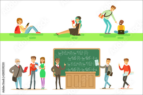 University Education, Students And Professors Set Of Illustrations