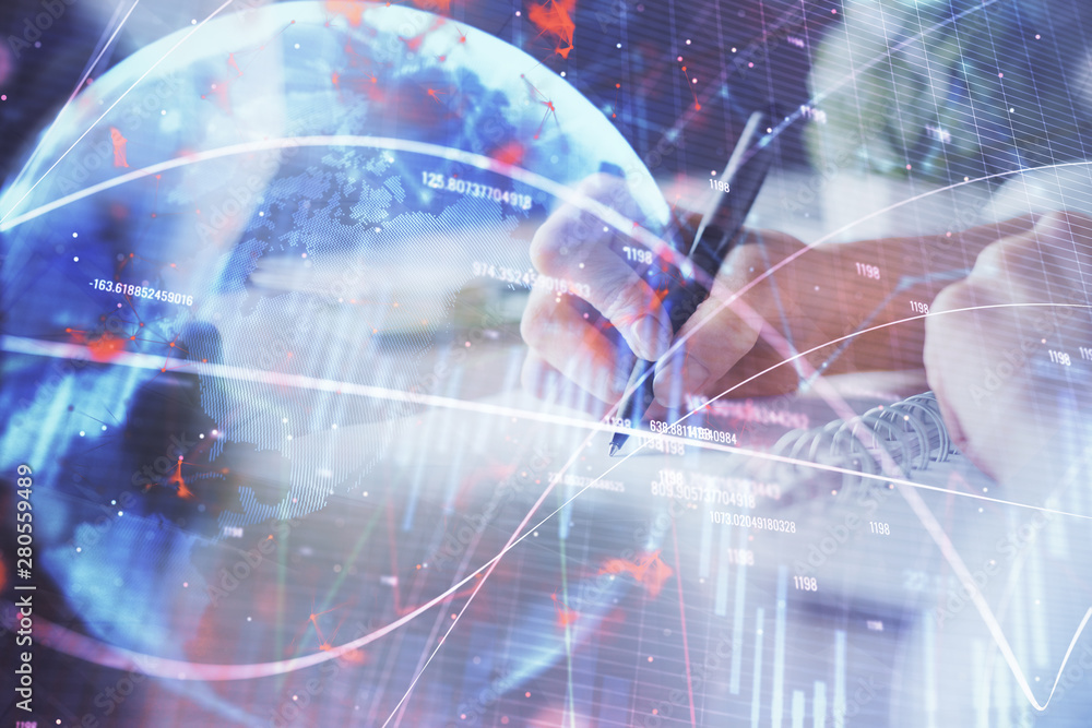 custom made wallpaper toronto digitalFinancial forex graph displayed on hands taking notes background. Concept of research. Multi exposure