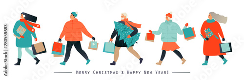 Banner with people hurrying for a great Christmas sale. Men and women are buying gifts. Vector illustration in cartoon style.